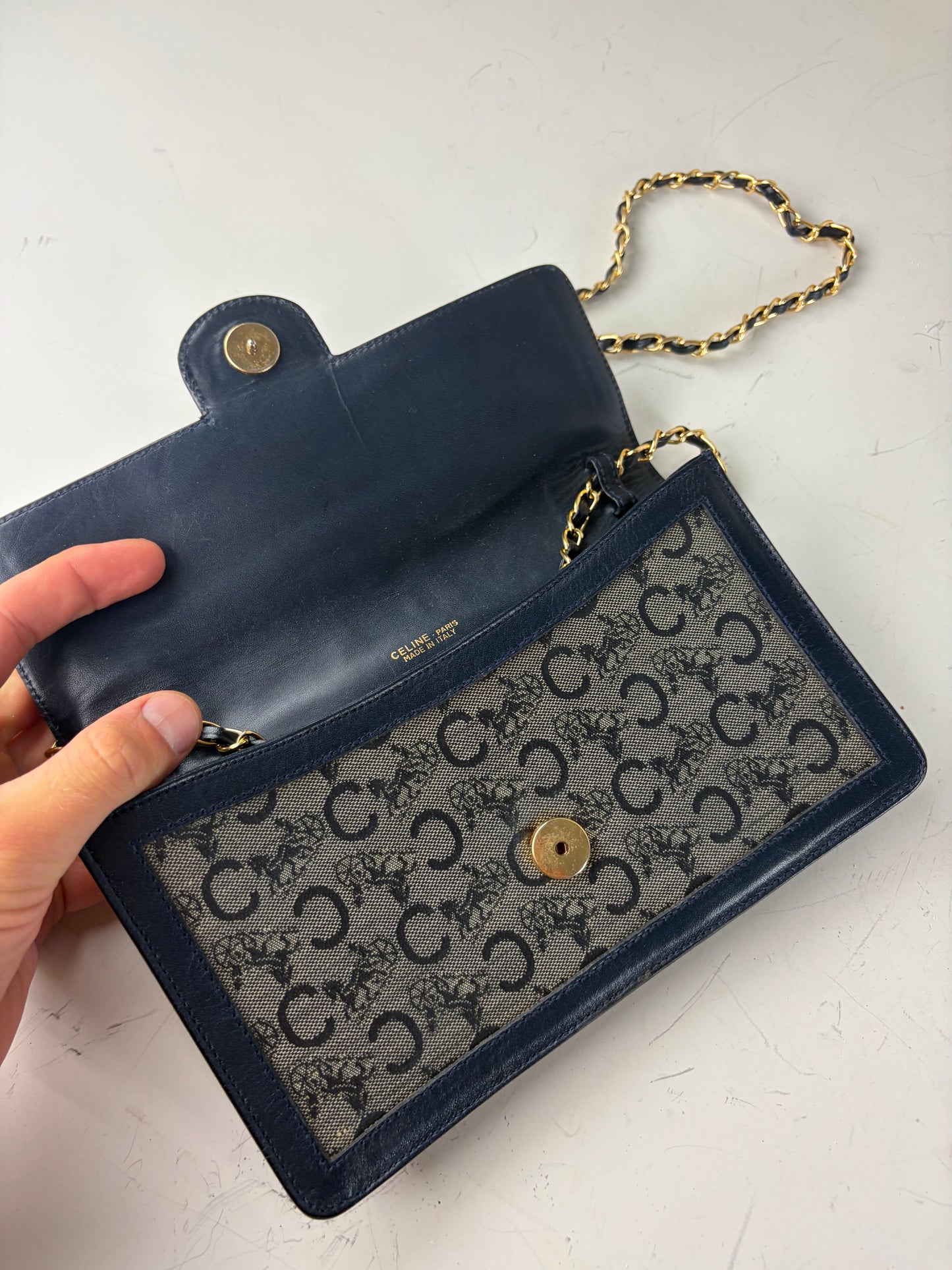 Vintage Celine C Monogram Canvas Shoulder Bag Navy Gray