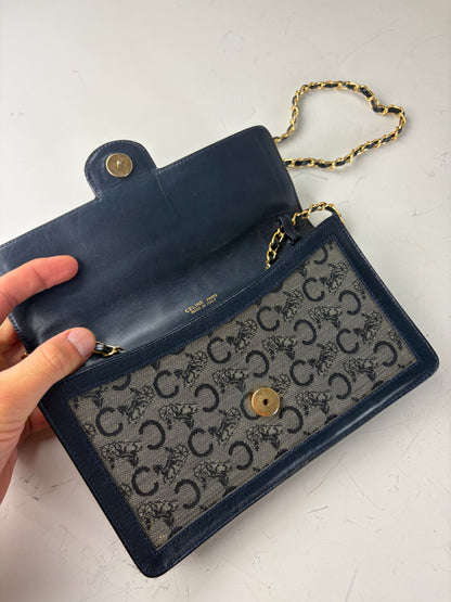 Vintage Celine C Monogram Canvas Shoulder Bag Navy Gray