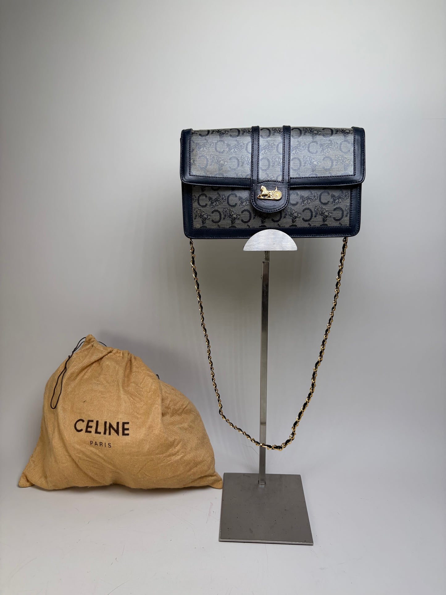 Vintage Celine C Monogram Canvas Shoulder Bag Navy Gray