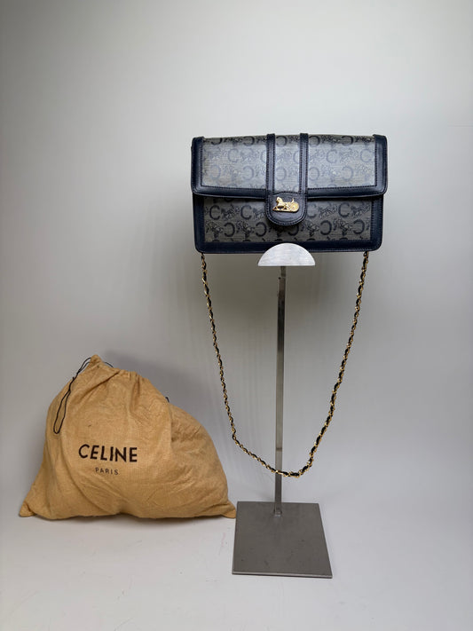 Vintage Celine C Monogram Canvas Shoulder Bag Navy Gray