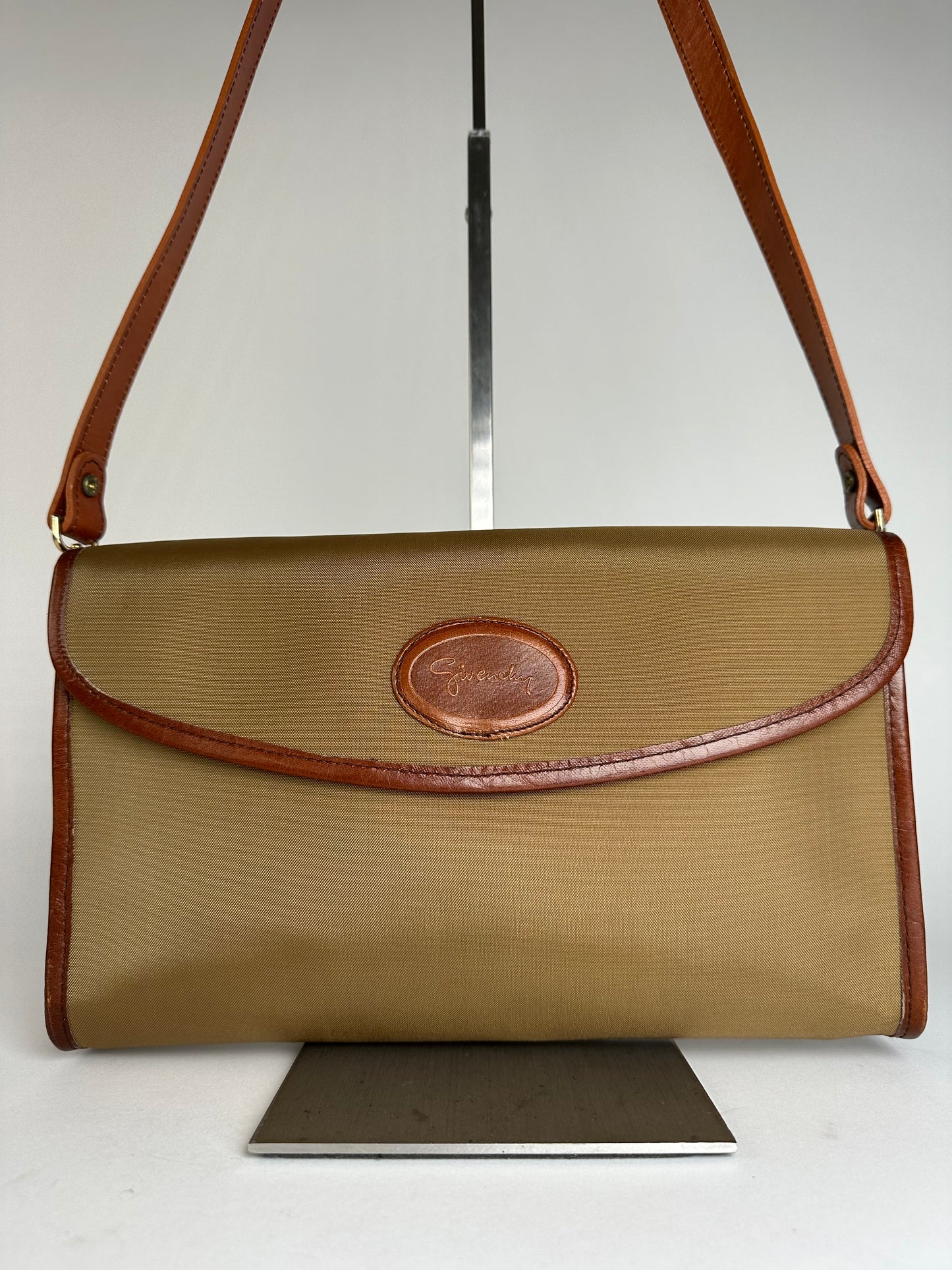 Vintage Givenchy Leather / Canvas Shoulder Bag Camel / Brown