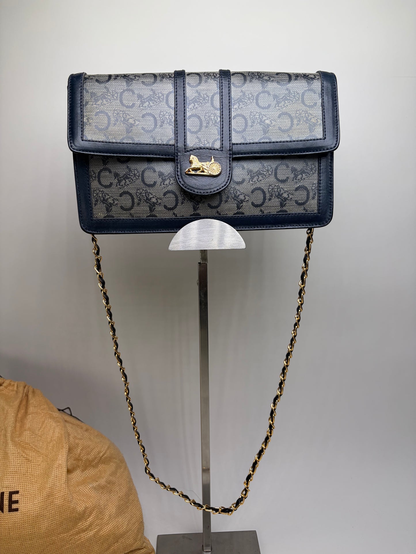 Vintage Celine C Monogram Canvas Shoulder Bag Navy Gray