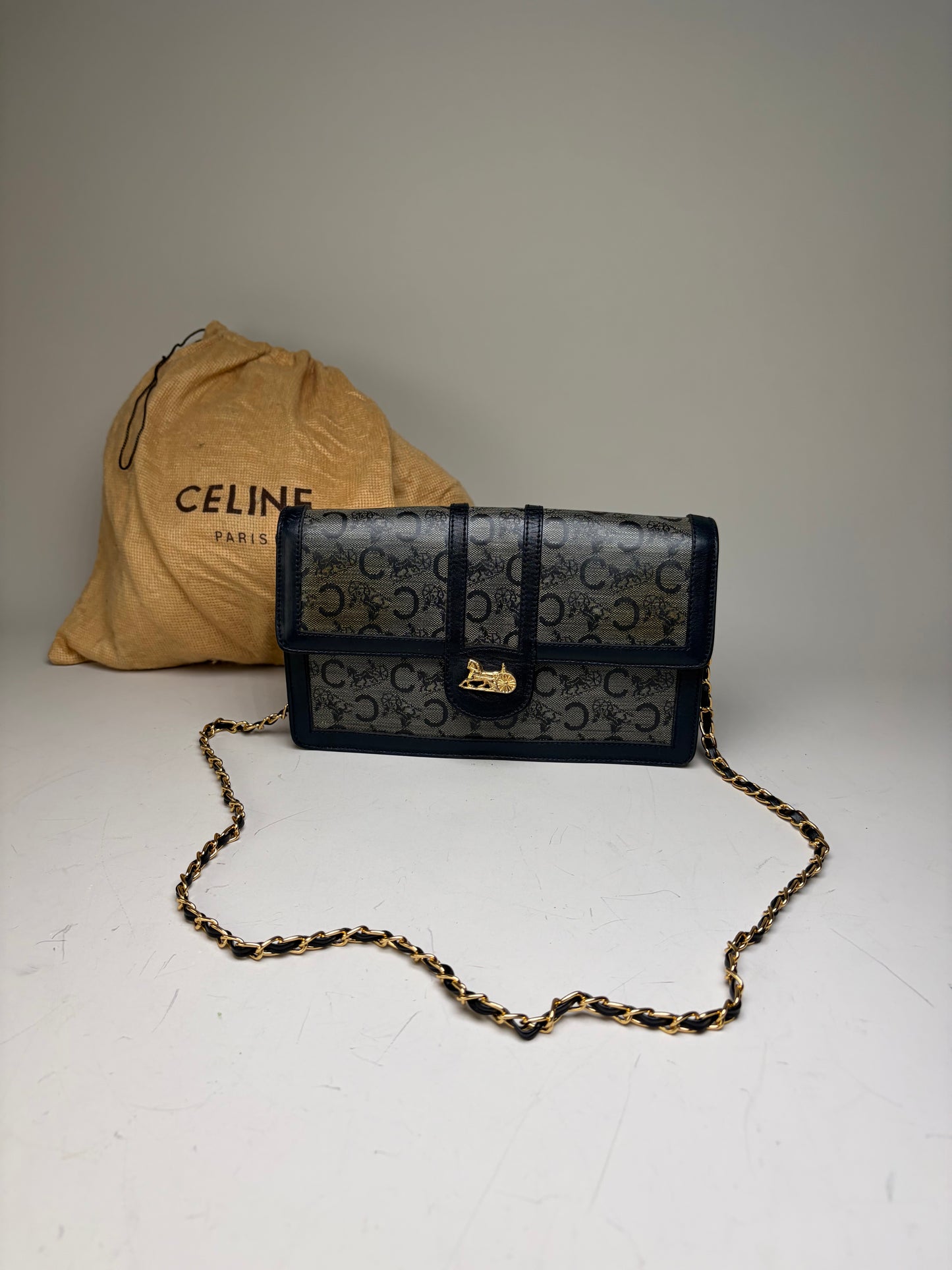 Vintage Celine C Monogram Canvas Shoulder Bag Navy Gray