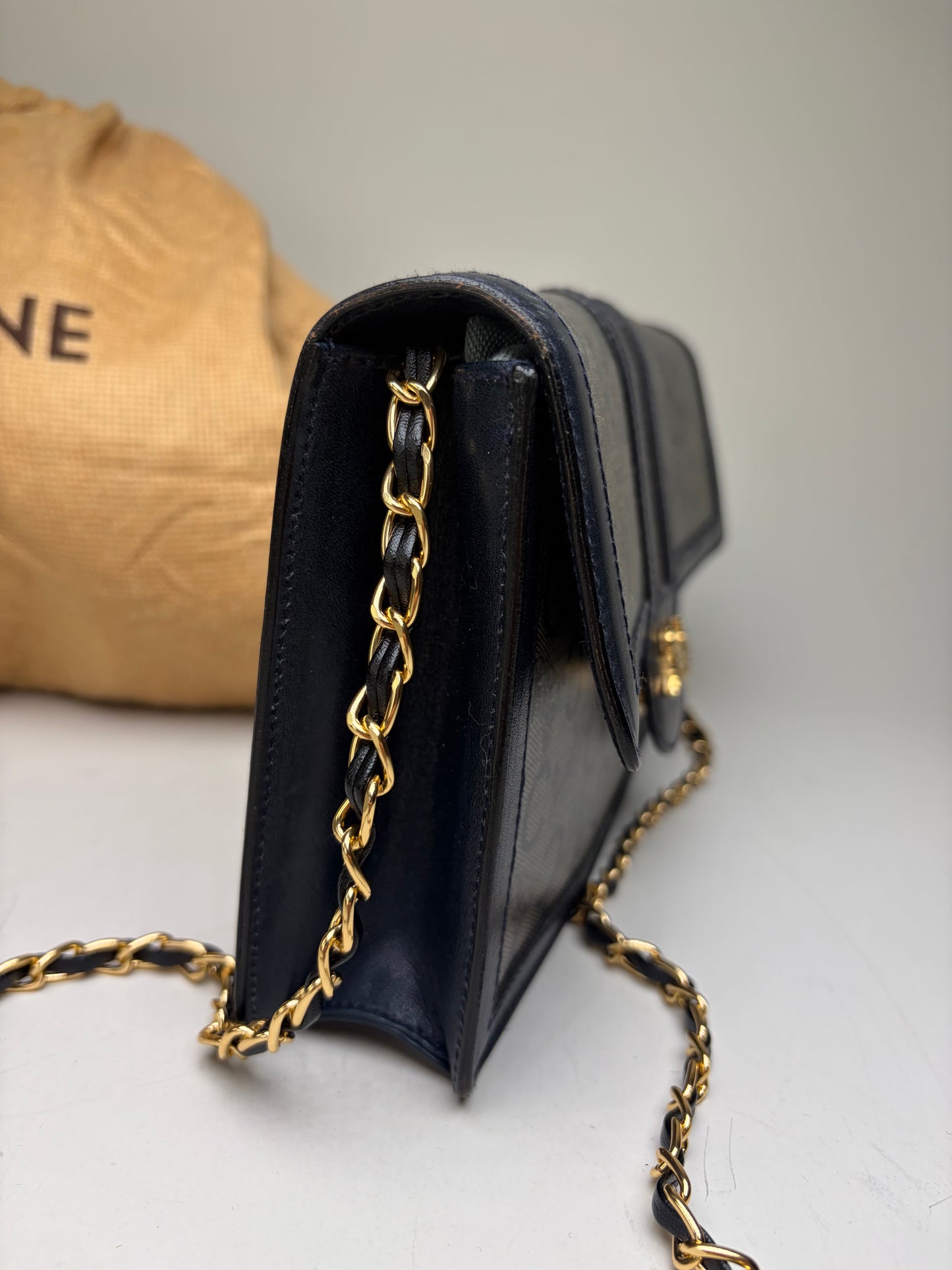 Vintage Celine C Monogram Canvas Shoulder Bag Navy Gray