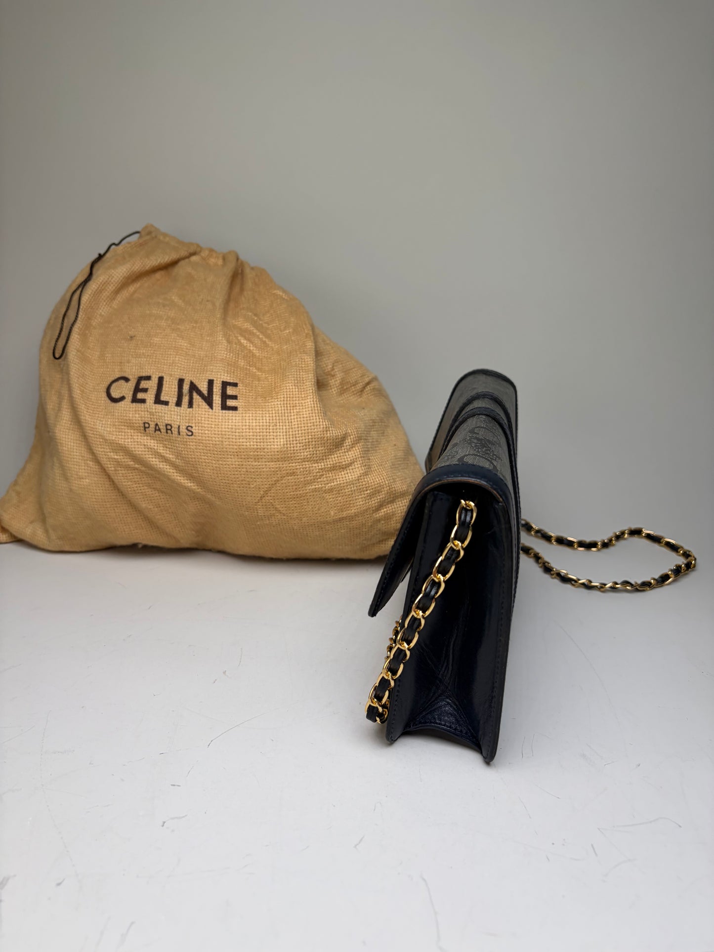 Vintage Celine C Monogram Canvas Shoulder Bag Navy Gray