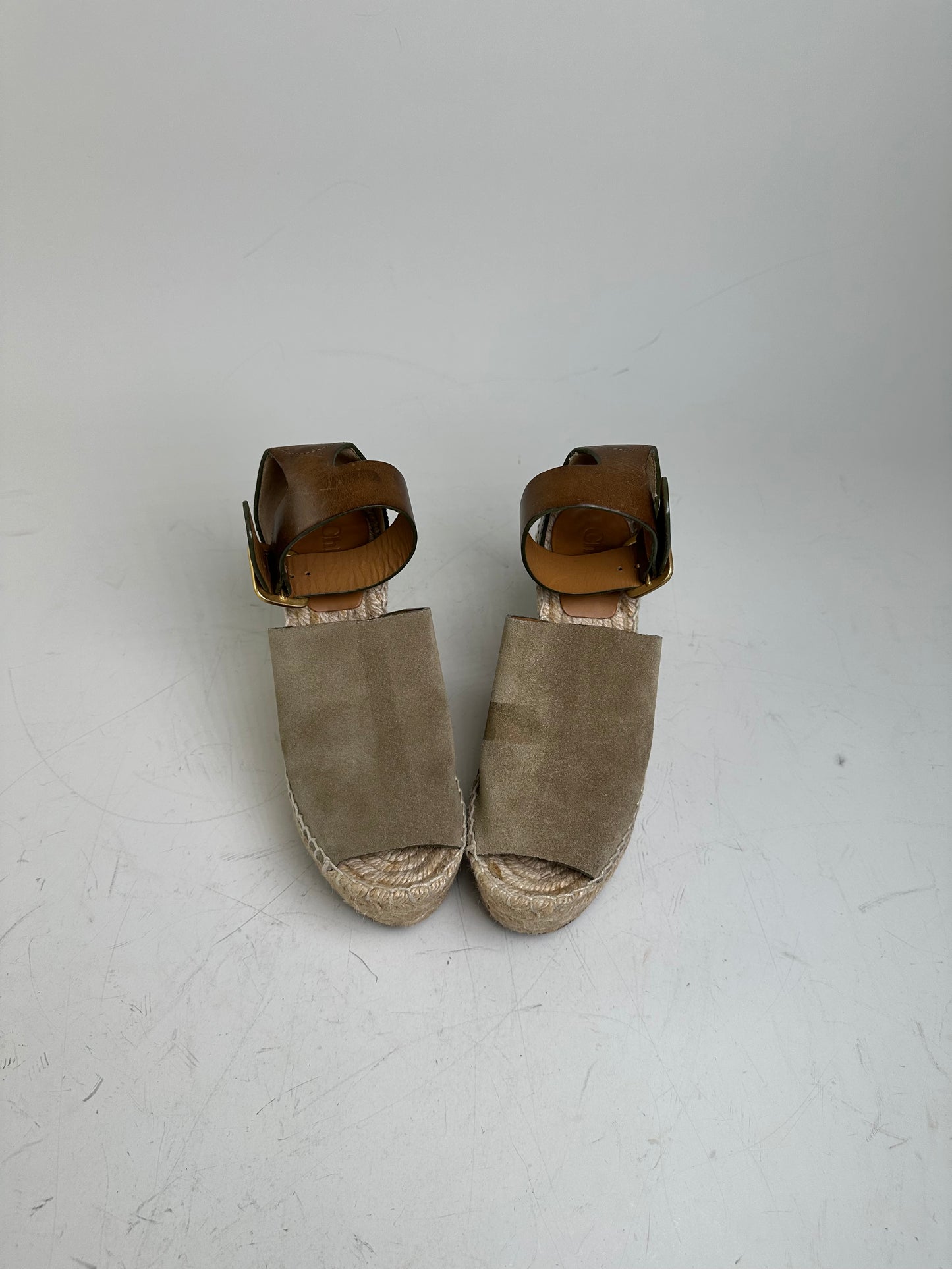 Vintage Chloe Suede Wedge Sandals Beige Brown EU35
