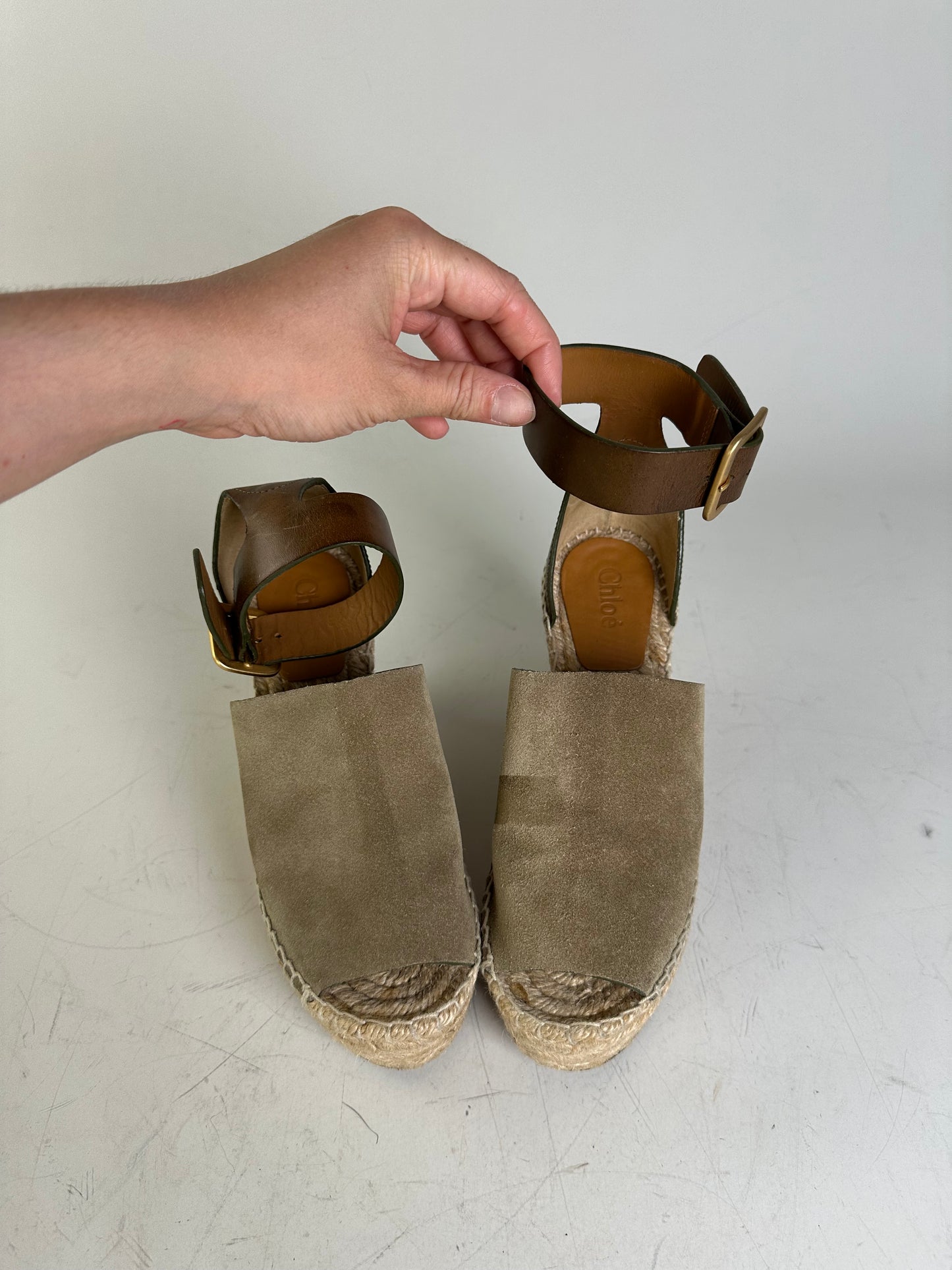 Vintage Chloe Suede Wedge Sandals Beige Brown EU35