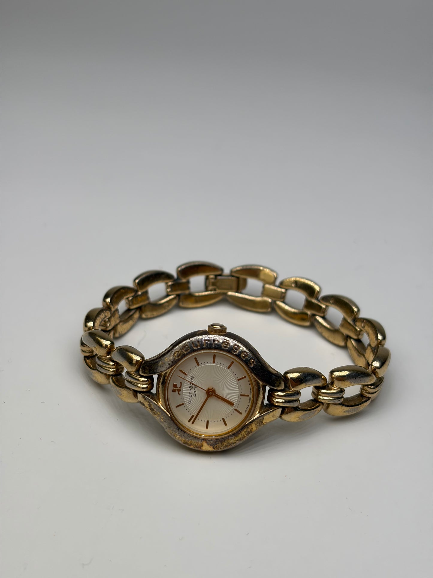 Vintage Courreges Bracelet Watch Gold-Tone Cream Dial