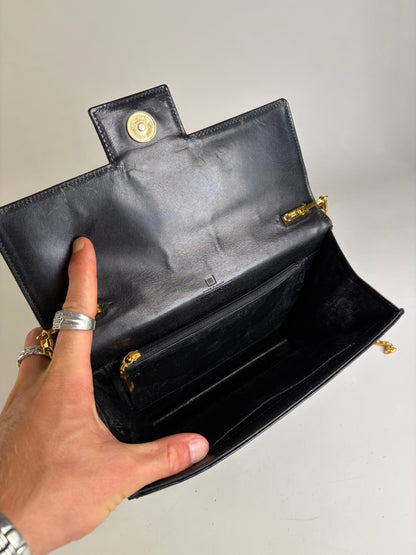 Vintage Givenchy Textured Logo Leather Flap Crossbody Bag Black