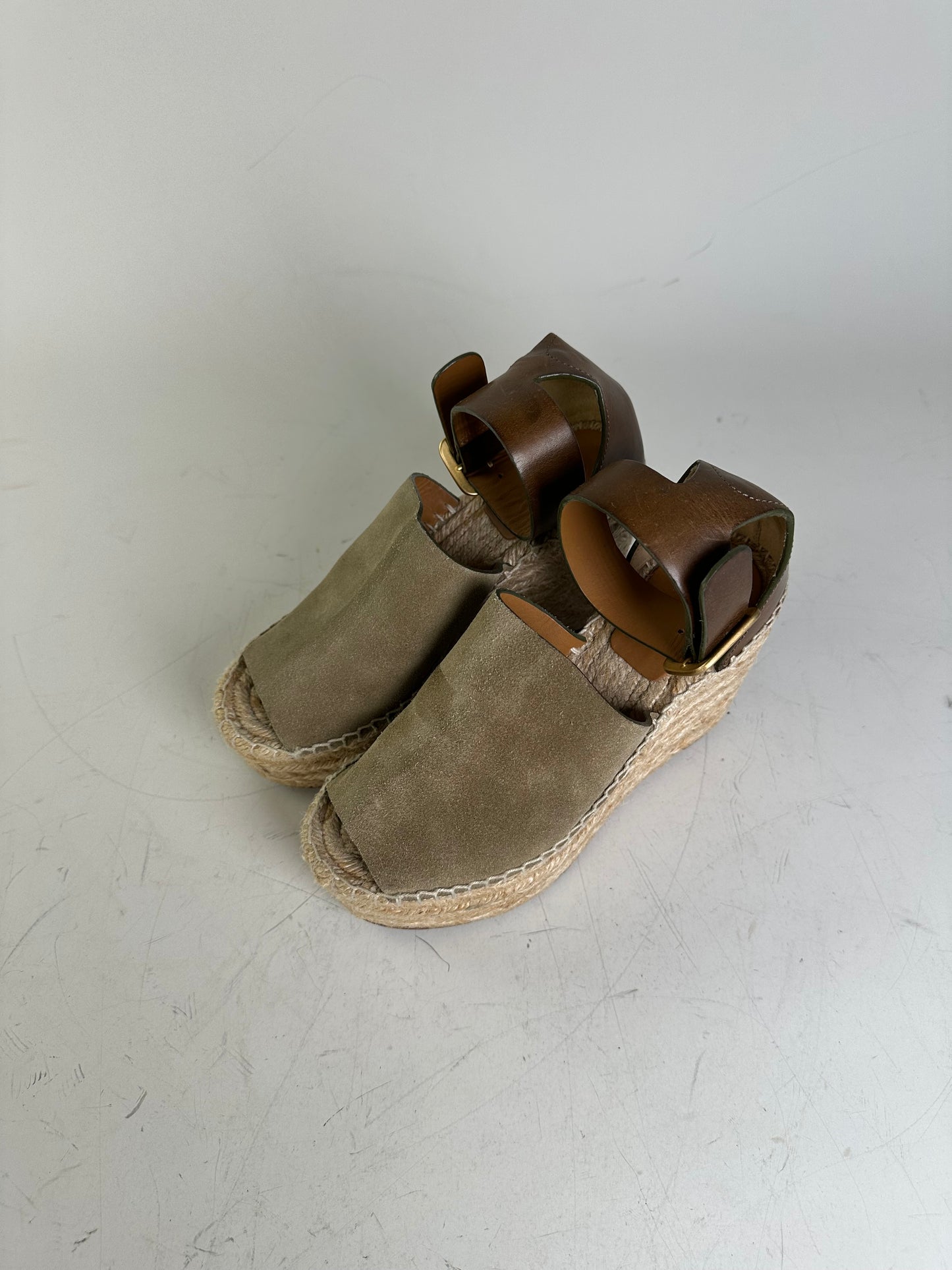 Vintage Chloe Suede Wedge Sandals Beige Brown EU35