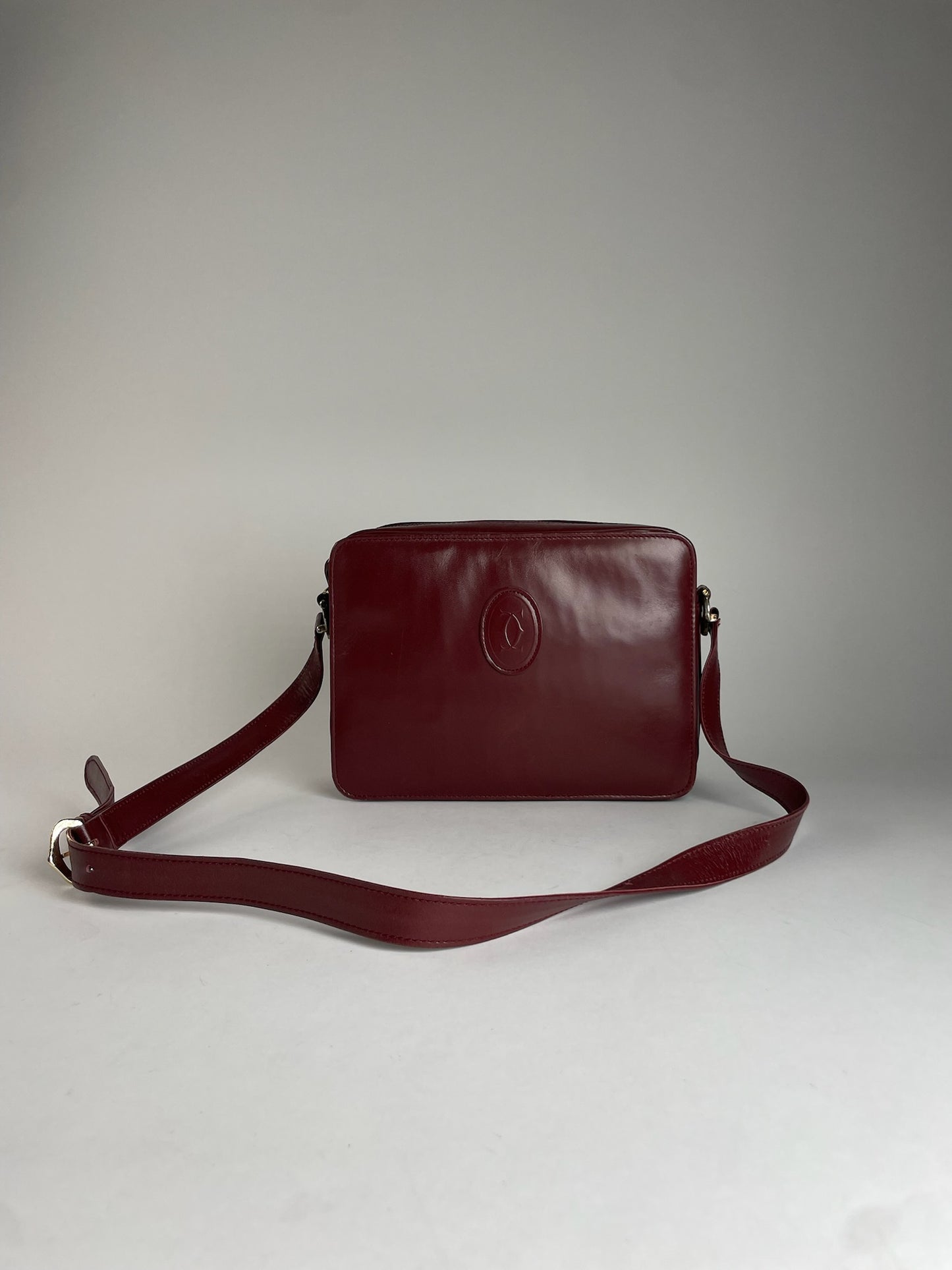 Vintage Cartier Leather Logo Shoulder Bag Burgundy