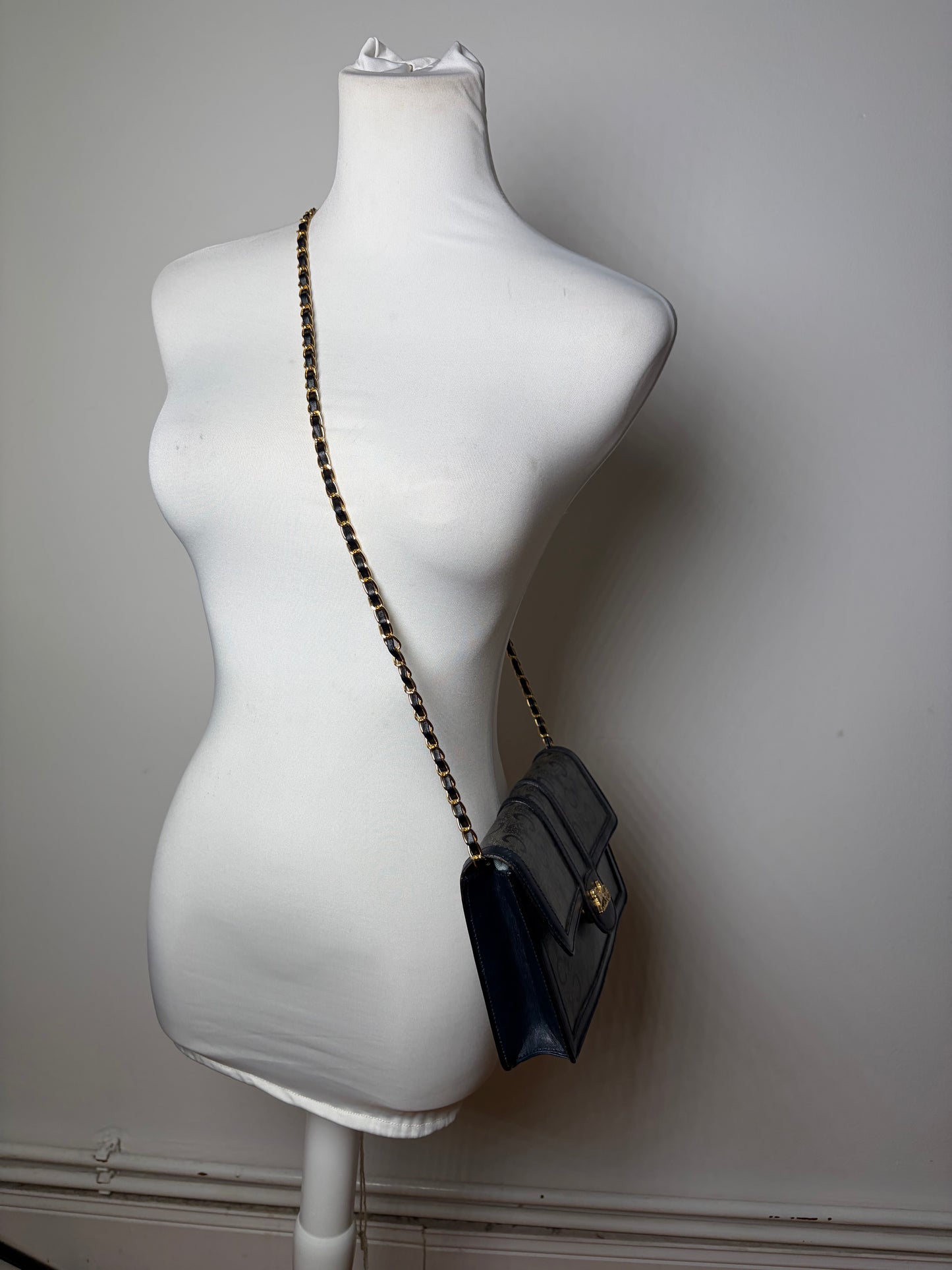 Vintage Celine C Monogram Canvas Shoulder Bag Navy Gray