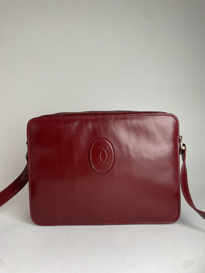 Vintage Cartier Leather Logo Shoulder Bag Burgundy