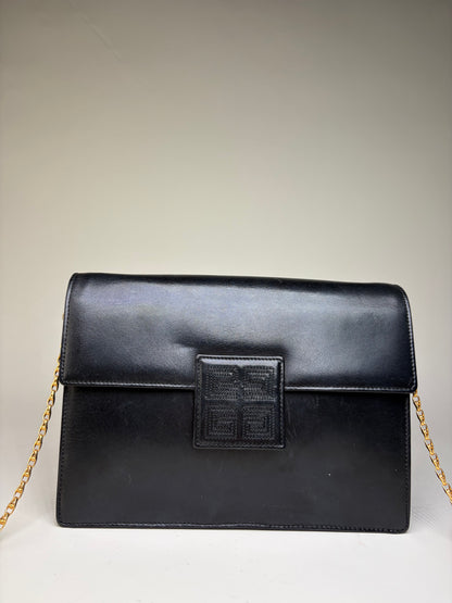 Vintage Givenchy Textured Logo Leather Flap Crossbody Bag Black