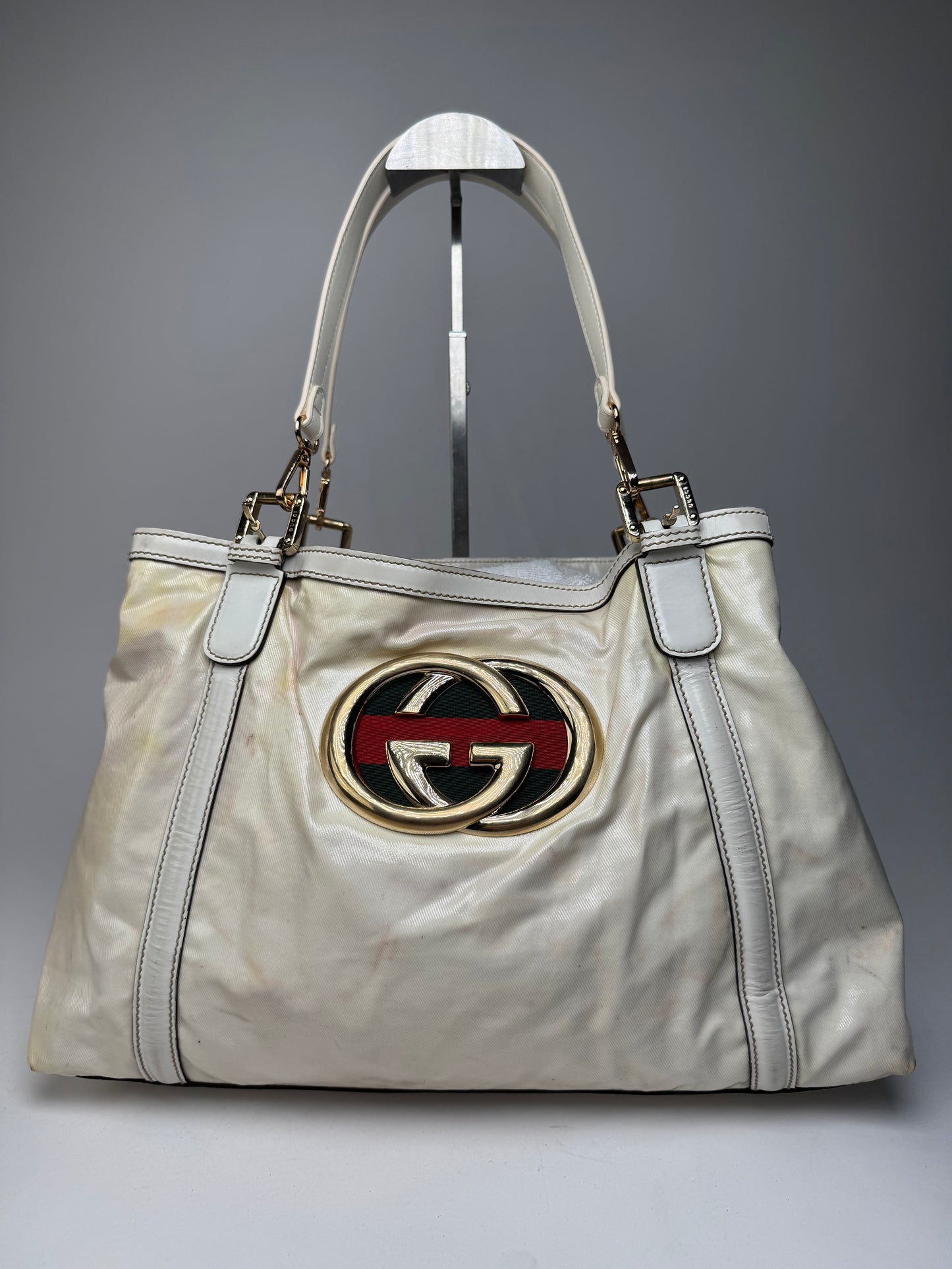 Vintage Gucci GG Leather / Polyester Tote Bag White