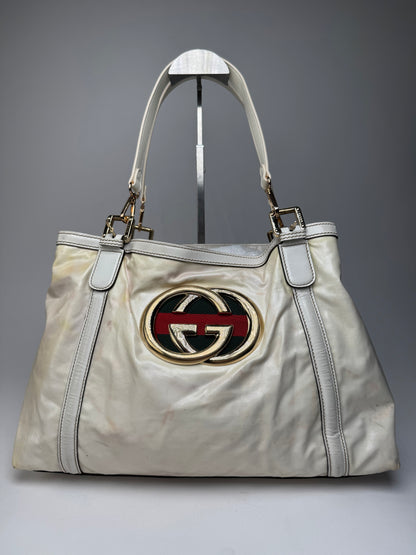 Vintage Gucci GG Leather / Polyester Tote Bag White