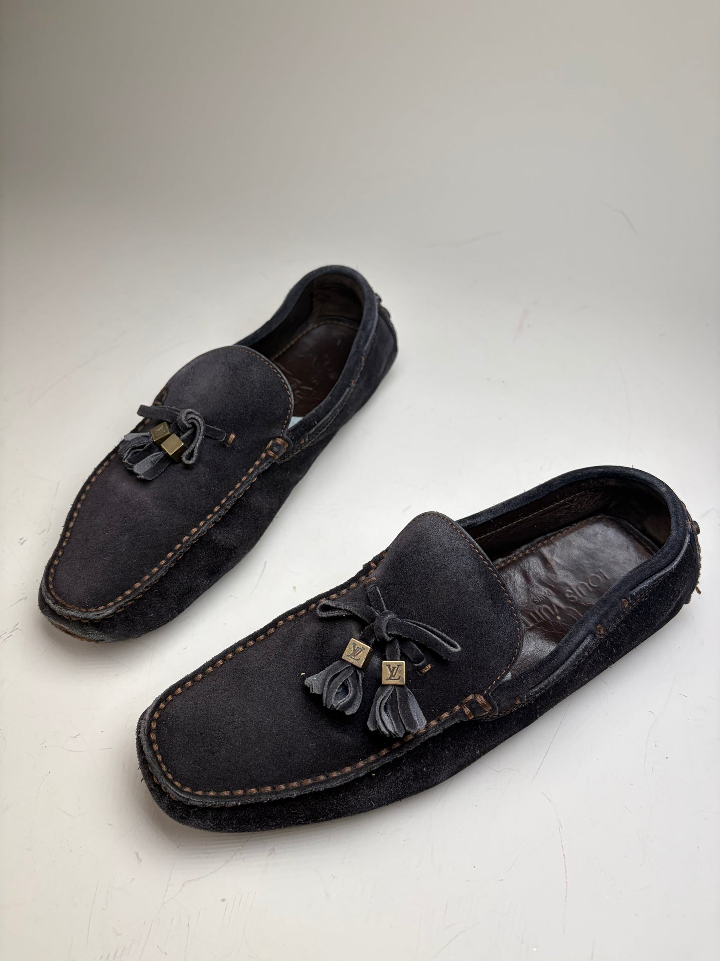 Vintage Louis Vuitton Men's Suede Loafers Navy Gold-Tone Tassels EU6.5