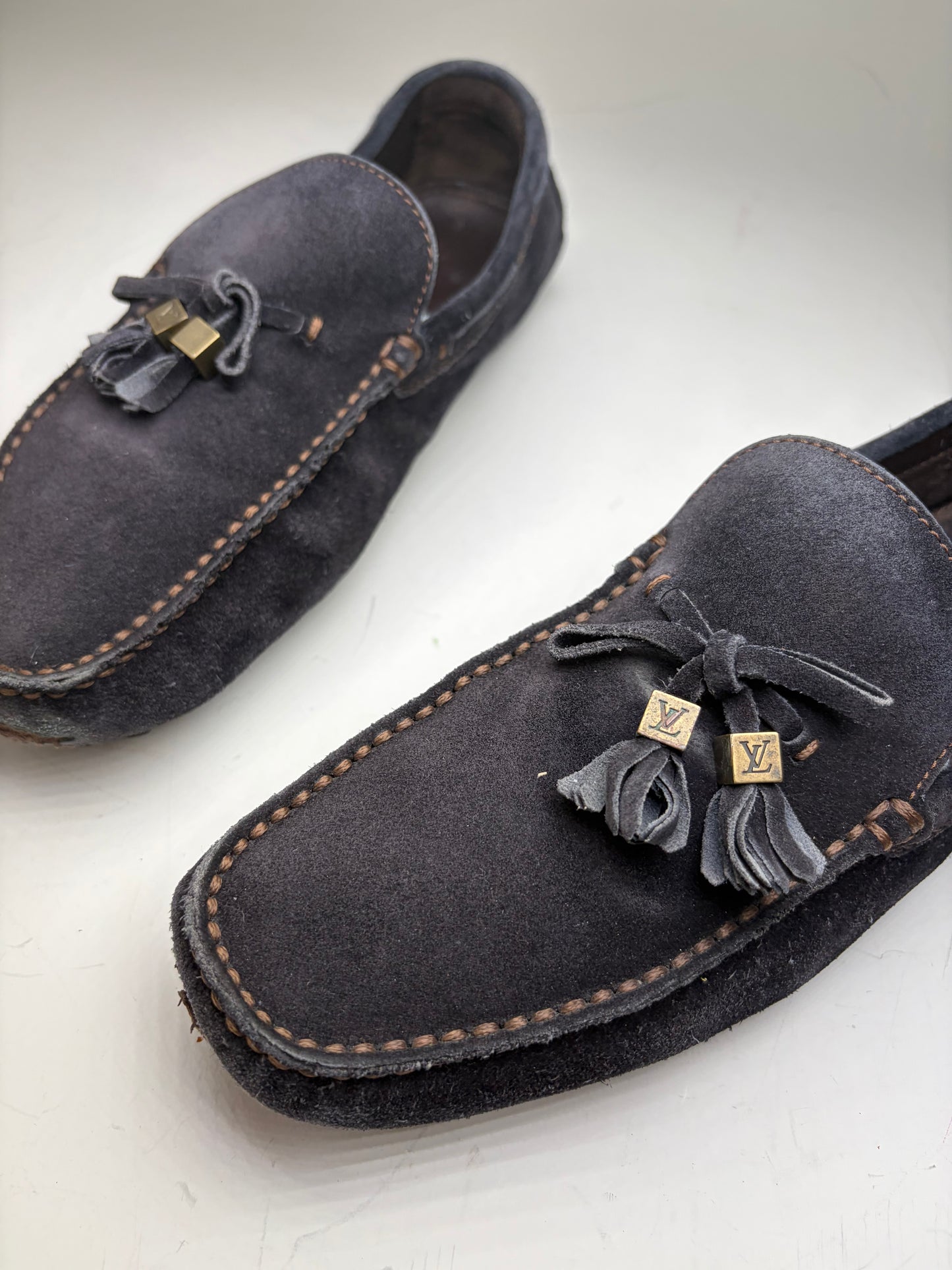 Vintage Louis Vuitton Men's Suede Loafers Navy Gold-Tone Tassels EU6.5
