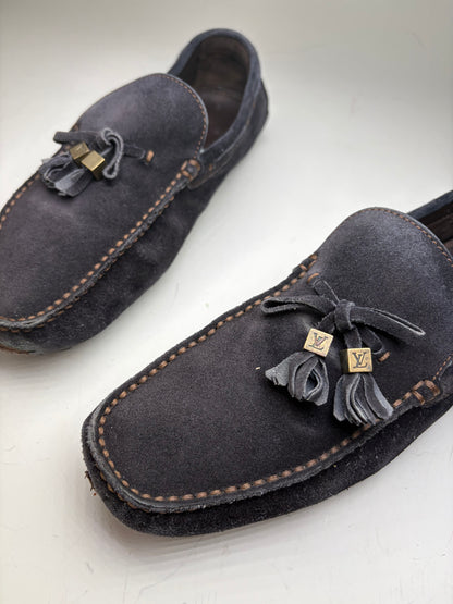 Vintage Louis Vuitton Men's Suede Loafers Navy Gold-Tone Tassels EU6.5