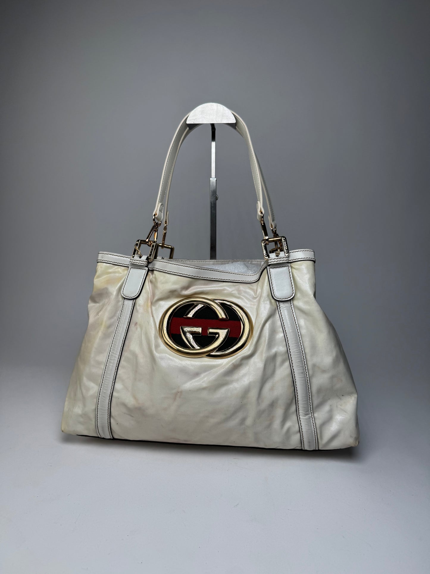 Vintage Gucci GG Leather / Polyester Tote Bag White
