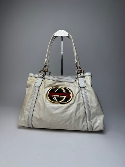 Vintage Gucci GG Leather / Polyester Tote Bag White