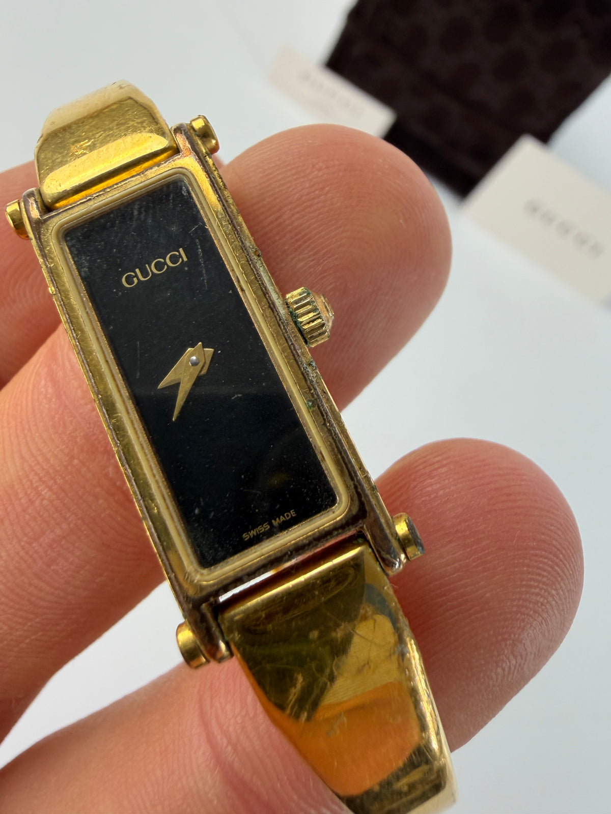 Vintage Gucci Bracelet Watch Gold-Tone Black Dial Late 1980s