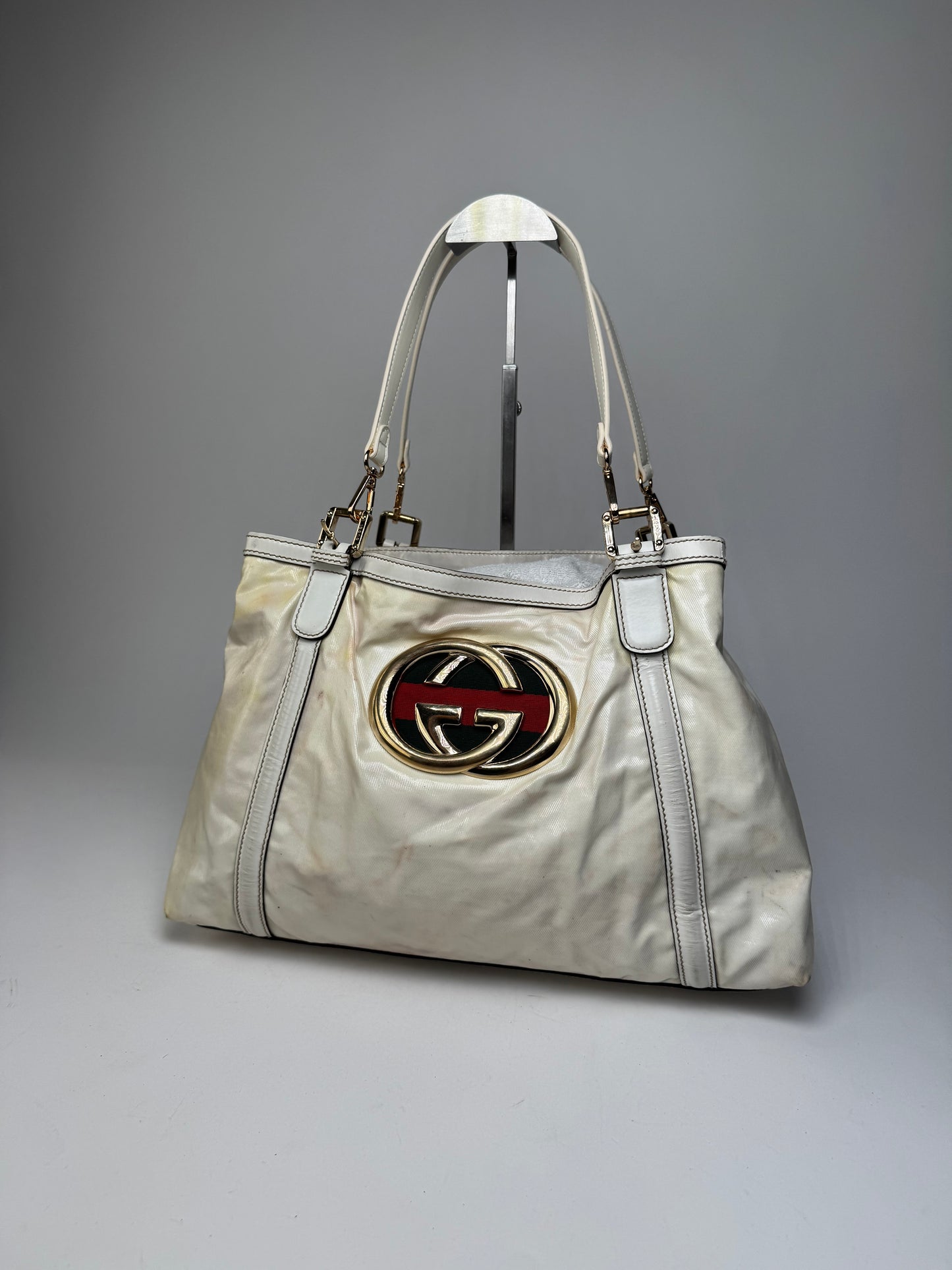 Vintage Gucci GG Leather / Polyester Tote Bag White