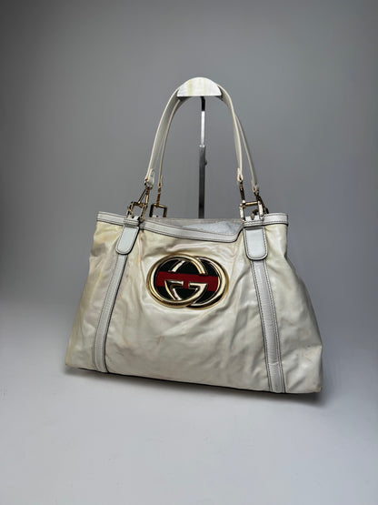 Vintage Gucci GG Leather / Polyester Tote Bag White