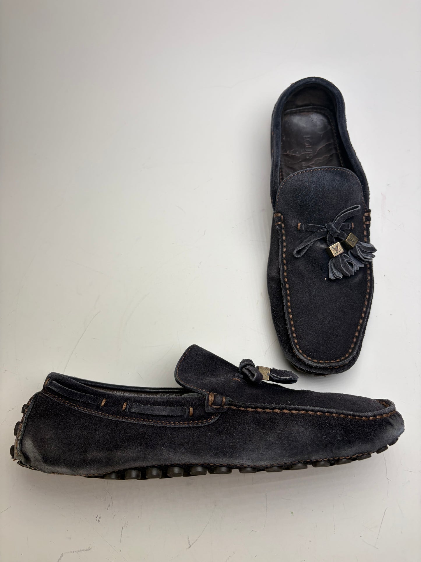 Vintage Louis Vuitton Men's Suede Loafers Navy Gold-Tone Tassels EU6.5