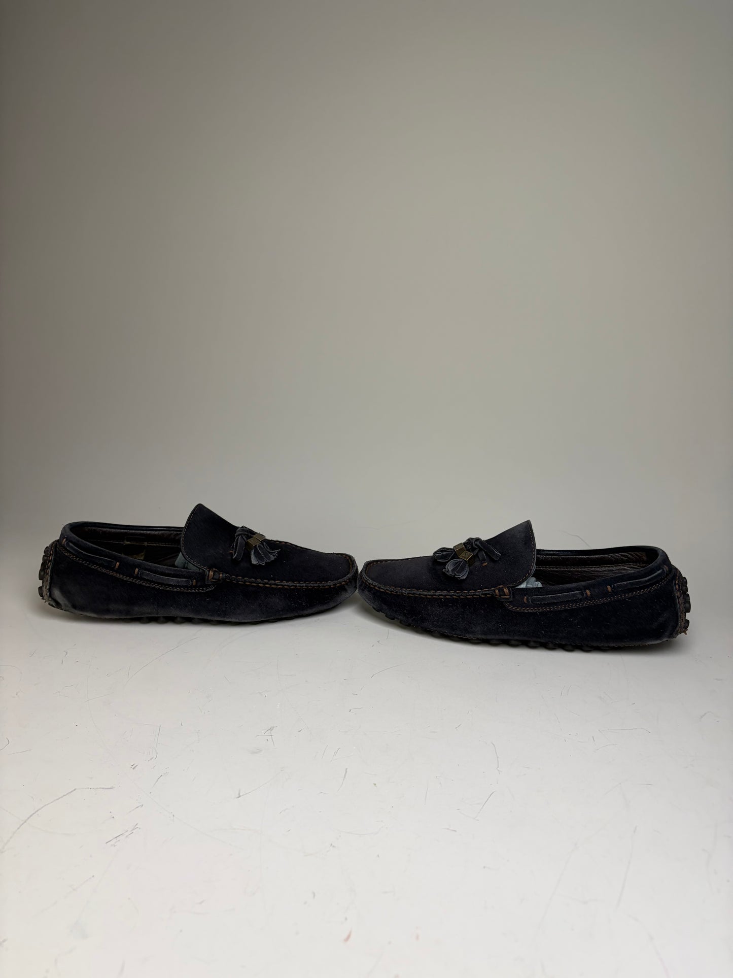 Vintage Louis Vuitton Men's Suede Loafers Navy Gold-Tone Tassels EU6.5