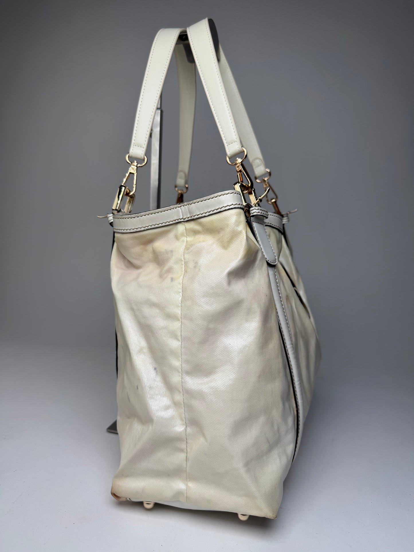 Vintage Gucci GG Leather / Polyester Tote Bag White