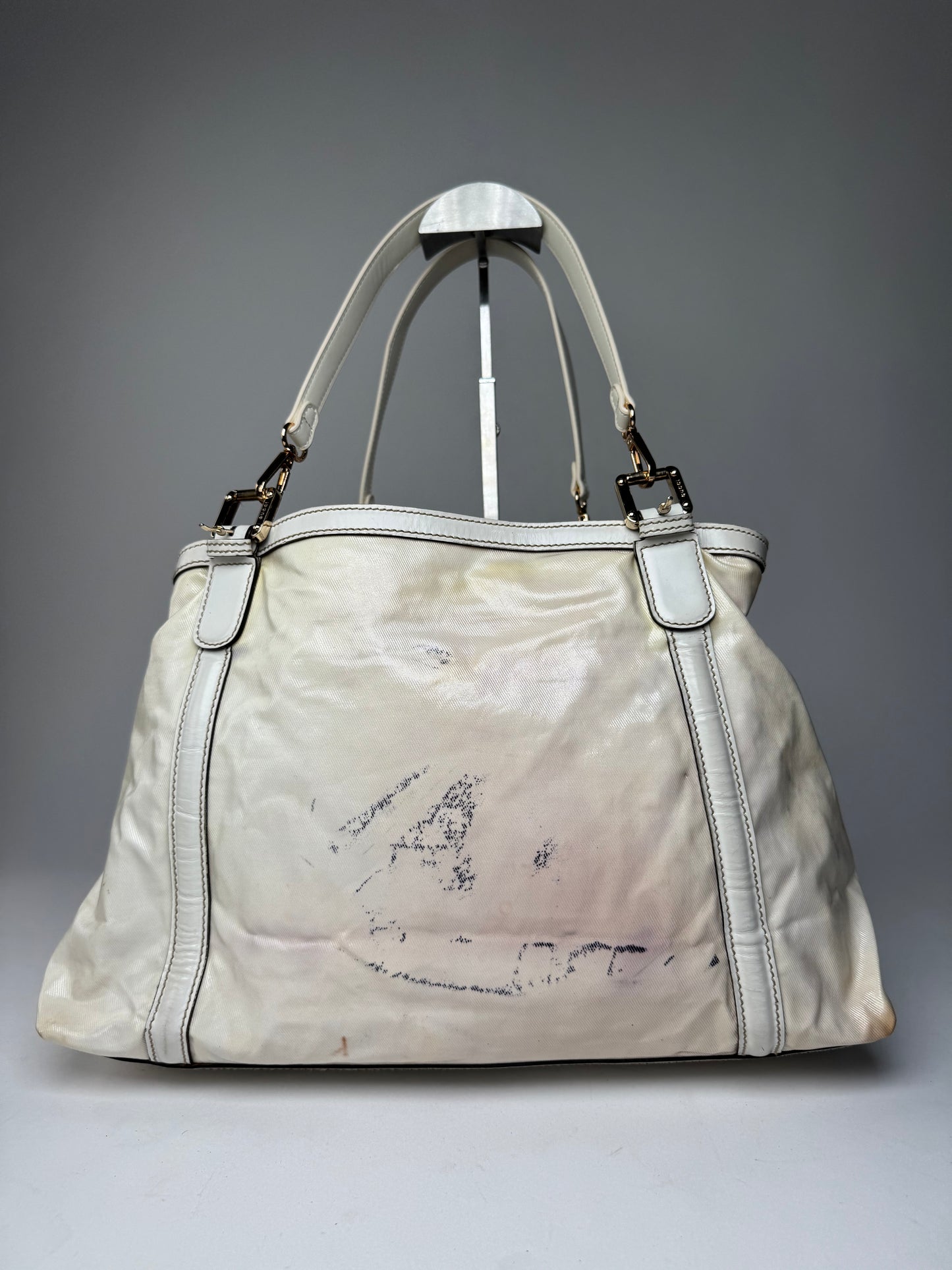 Vintage Gucci GG Leather / Polyester Tote Bag White
