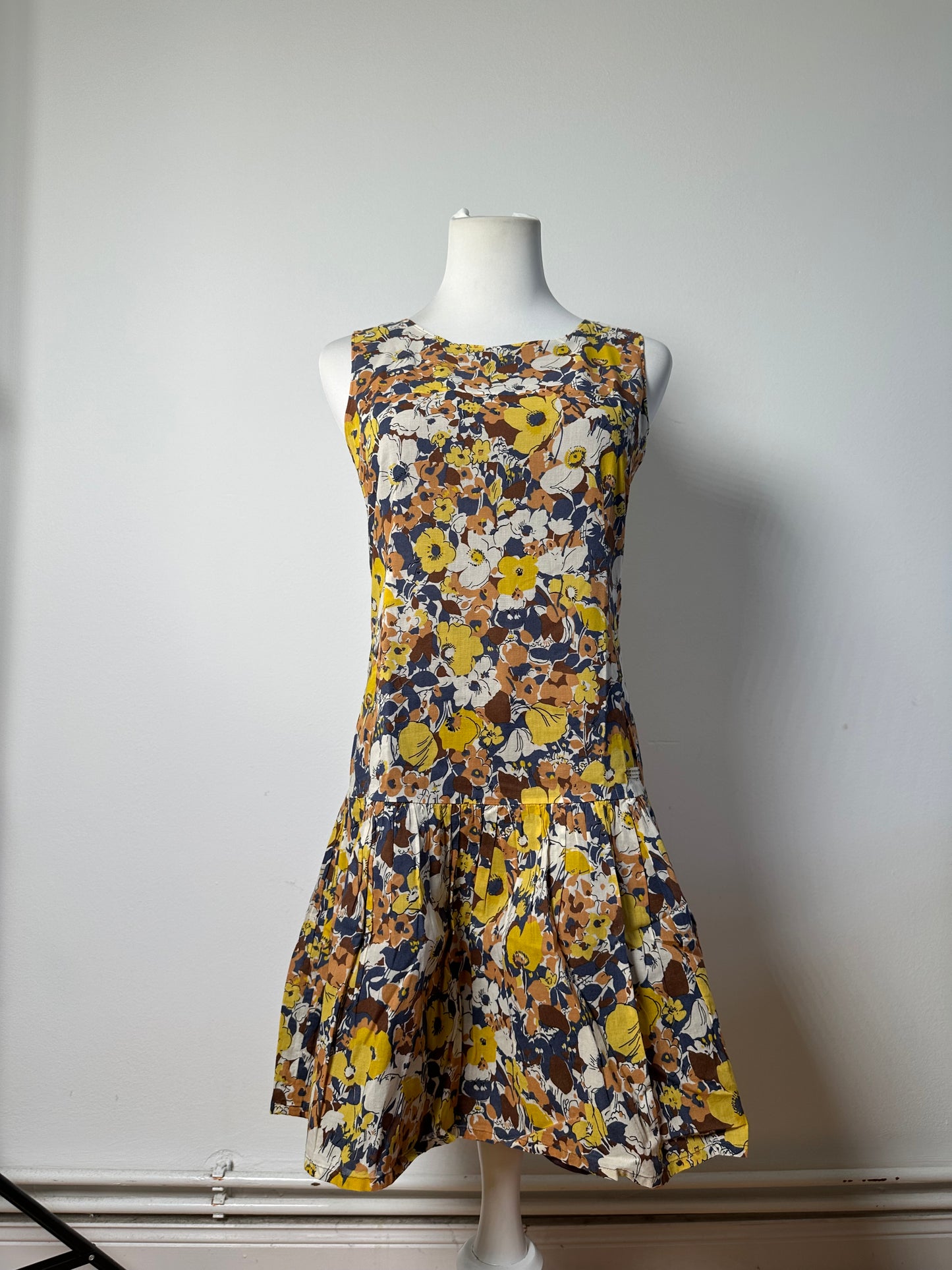 Vintage Burberry Pleated Midi Dress Yellow Brown Navy M