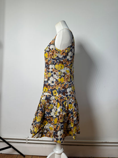 Vintage Burberry Pleated Midi Dress Yellow Brown Navy M