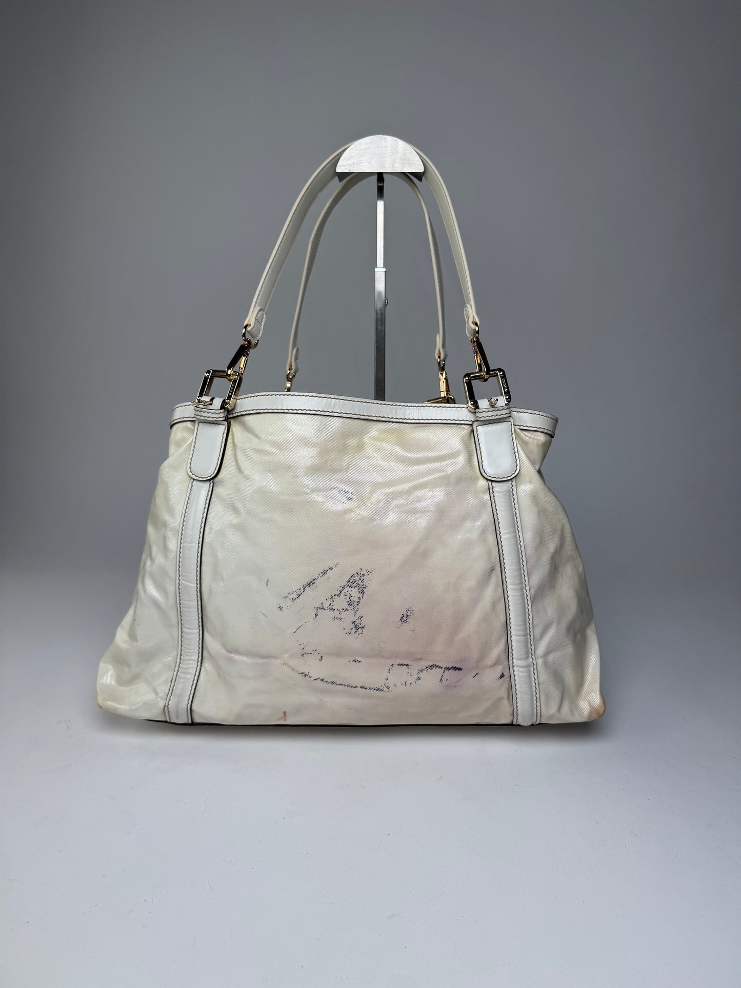 Vintage Gucci GG Leather / Polyester Tote Bag White