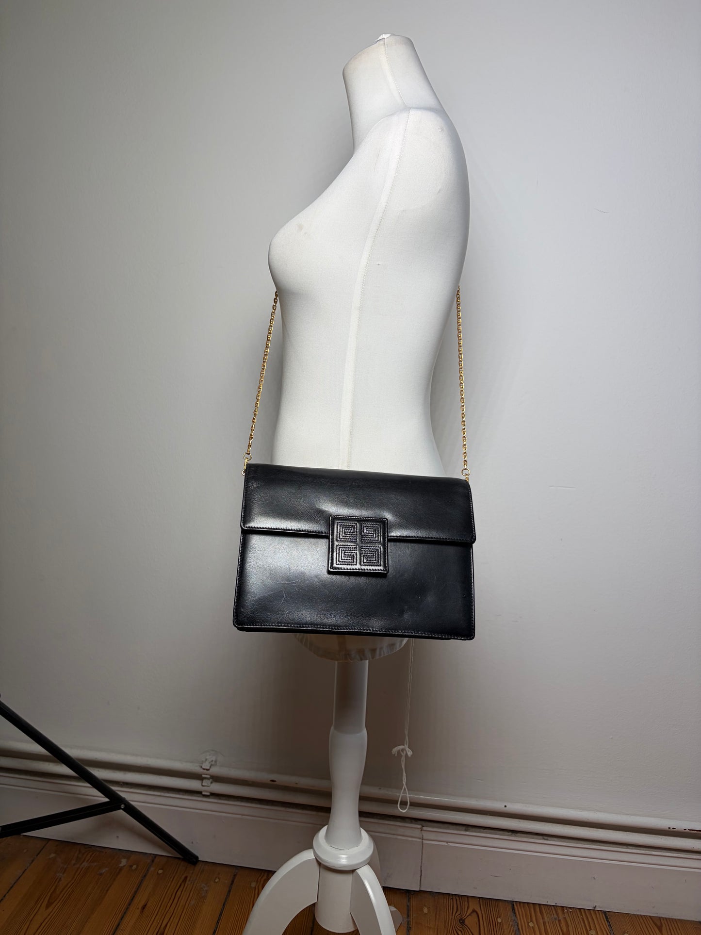 Vintage Givenchy Textured Logo Leather Flap Crossbody Bag Black