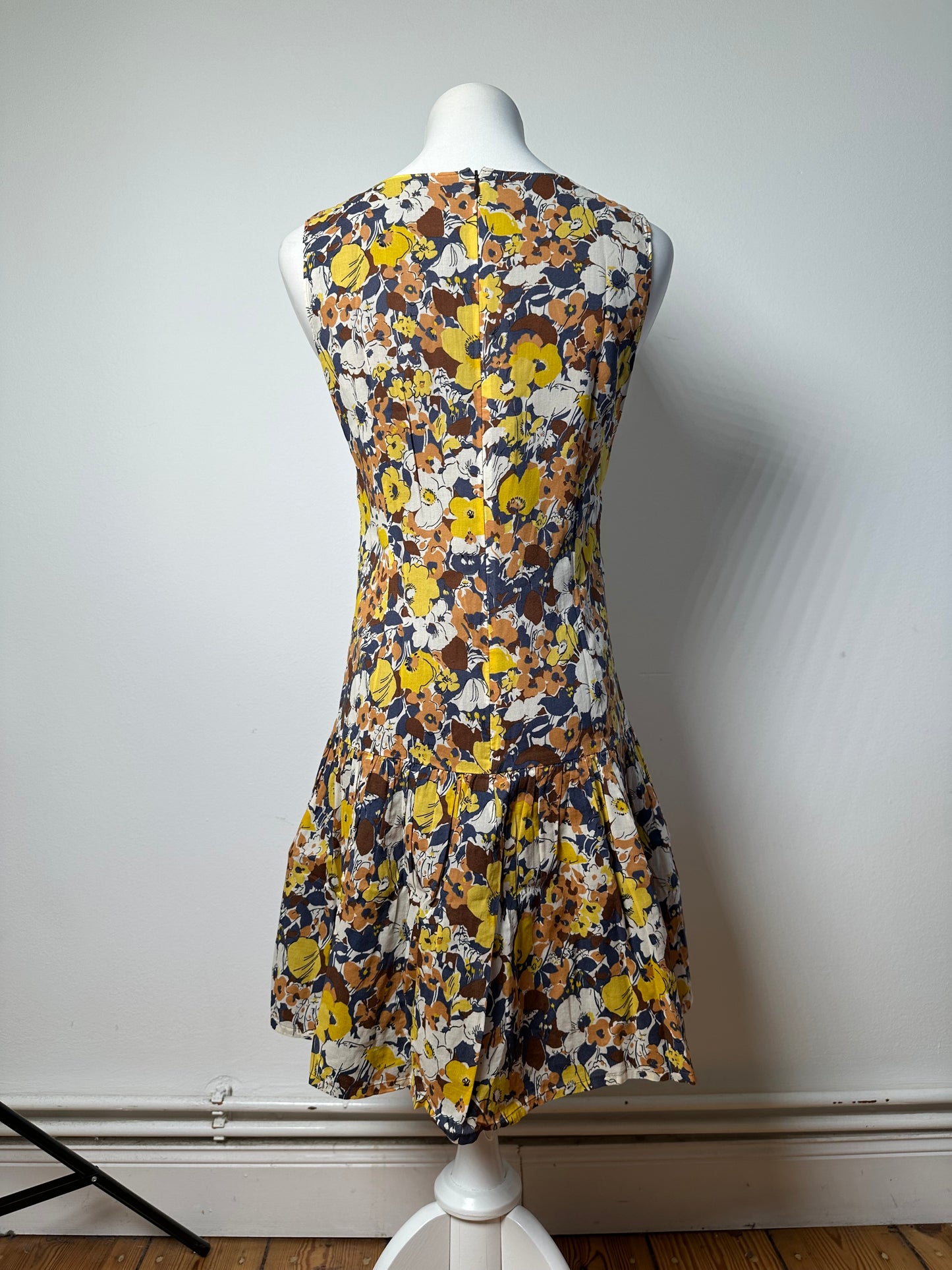 Vintage Burberry Pleated Midi Dress Yellow Brown Navy M