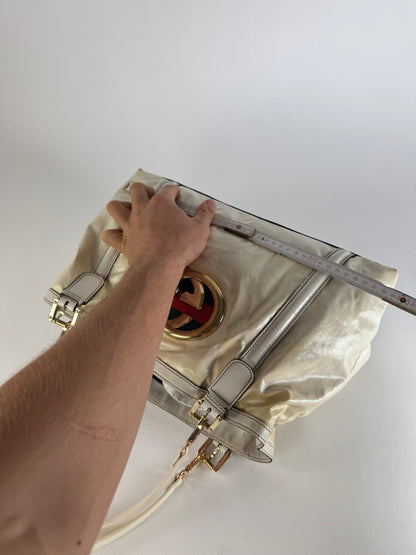 Vintage Gucci GG Leather / Polyester Tote Bag White