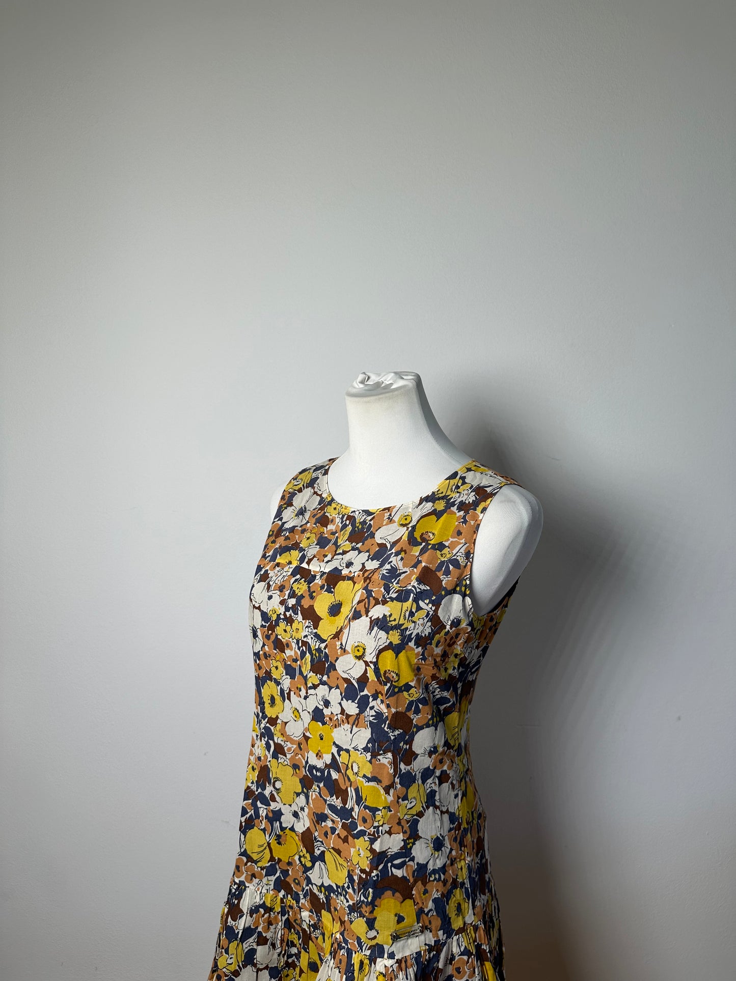 Vintage Burberry Pleated Midi Dress Yellow Brown Navy M
