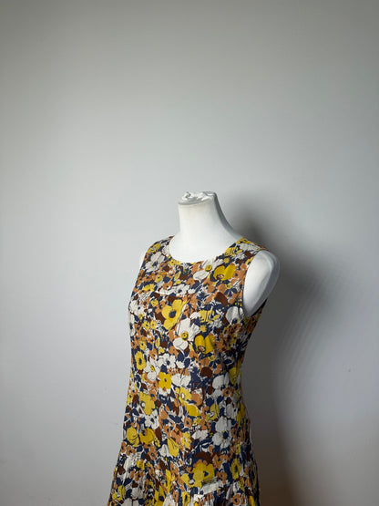 Vintage Burberry Pleated Midi Dress Yellow Brown Navy M
