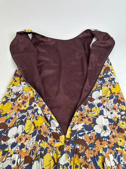 Vintage Burberry Pleated Midi Dress Yellow Brown Navy M