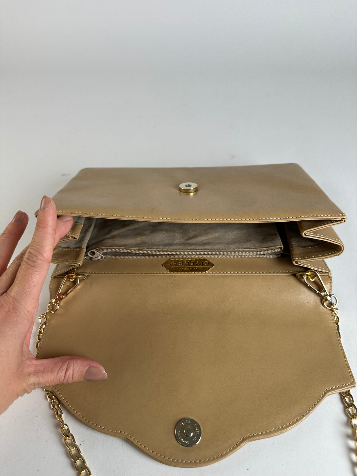 Vintage Givenchy Flap Crossbody Bag Light Beige Gold-Tone Chain