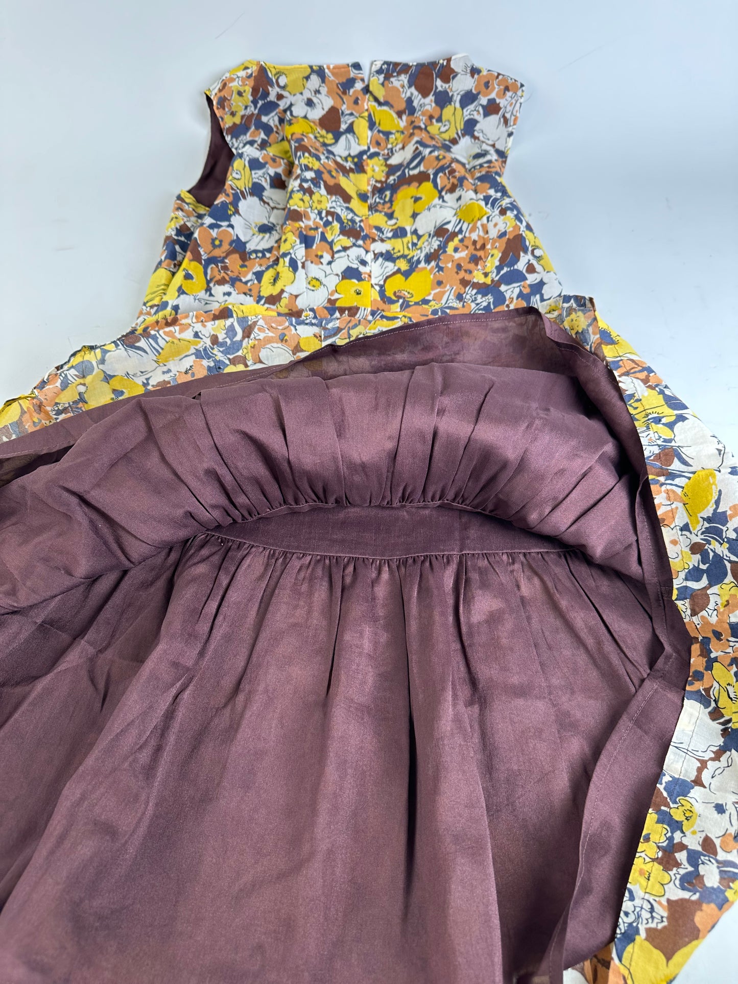Vintage Burberry Pleated Midi Dress Yellow Brown Navy M