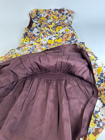 Vintage Burberry Pleated Midi Dress Yellow Brown Navy M