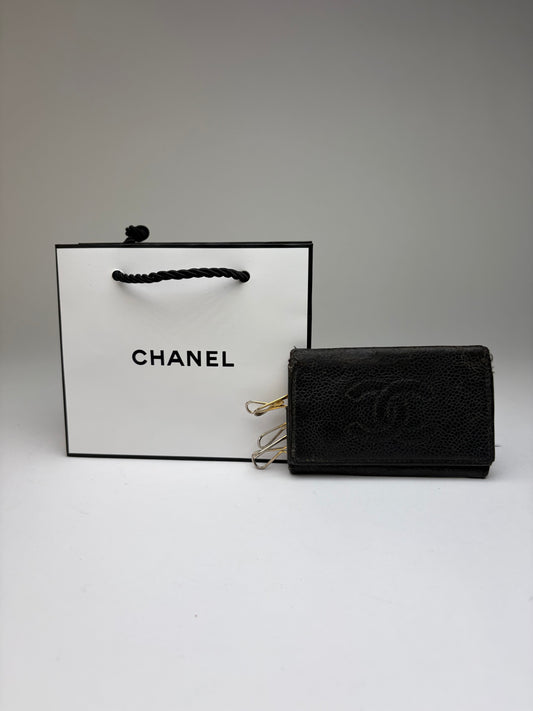 Vintage Chanel Textured Leather Card Holder Late 1990s Black Gold
