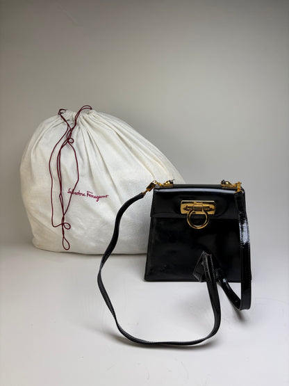 Vintage Ferragamo Patent Leather Flap Crossbody Bag Black Gold
