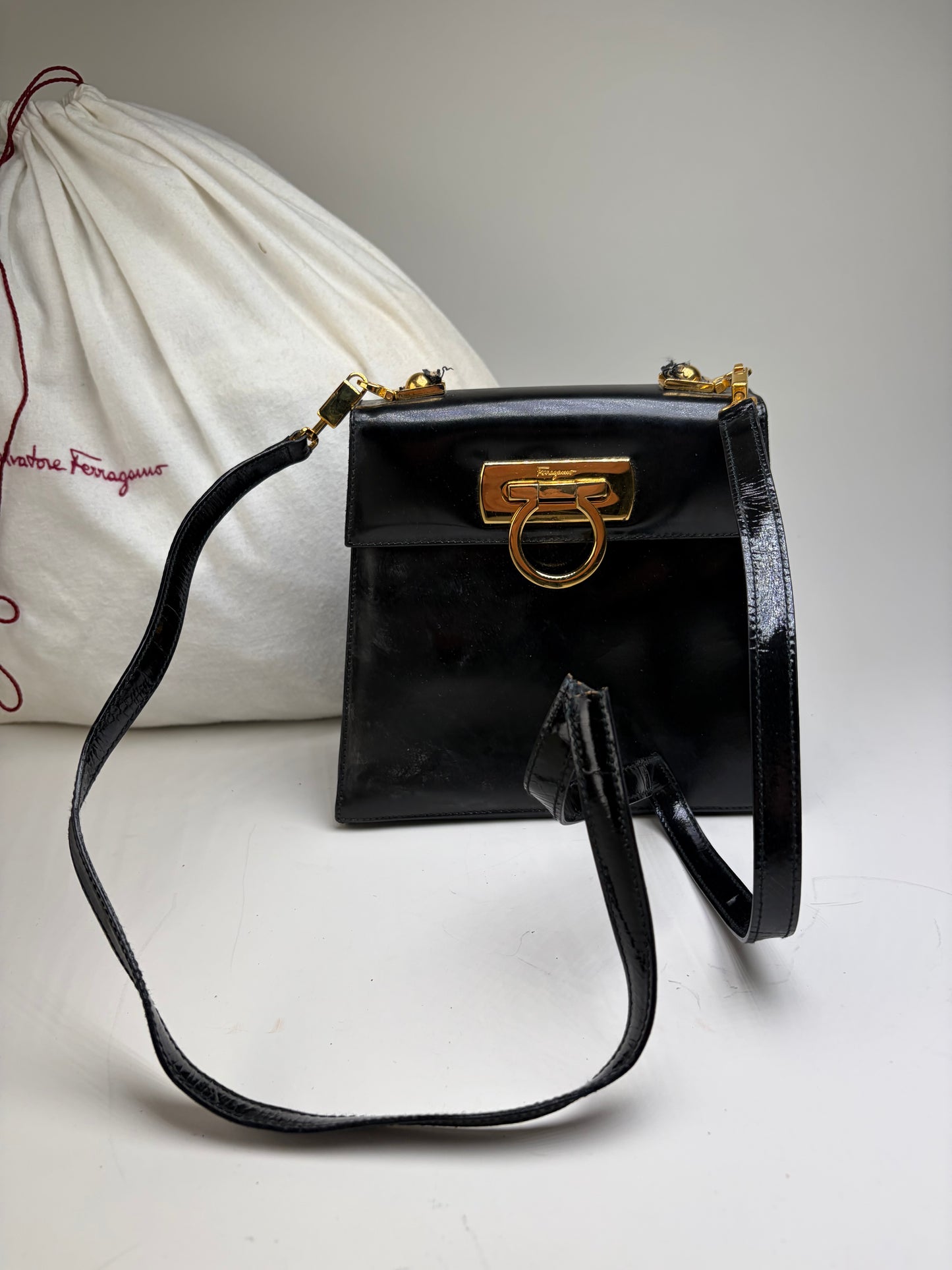 Vintage Ferragamo Patent Leather Flap Crossbody Bag Black Gold