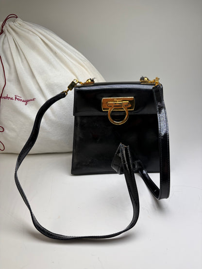 Vintage Ferragamo Patent Leather Flap Crossbody Bag Black Gold