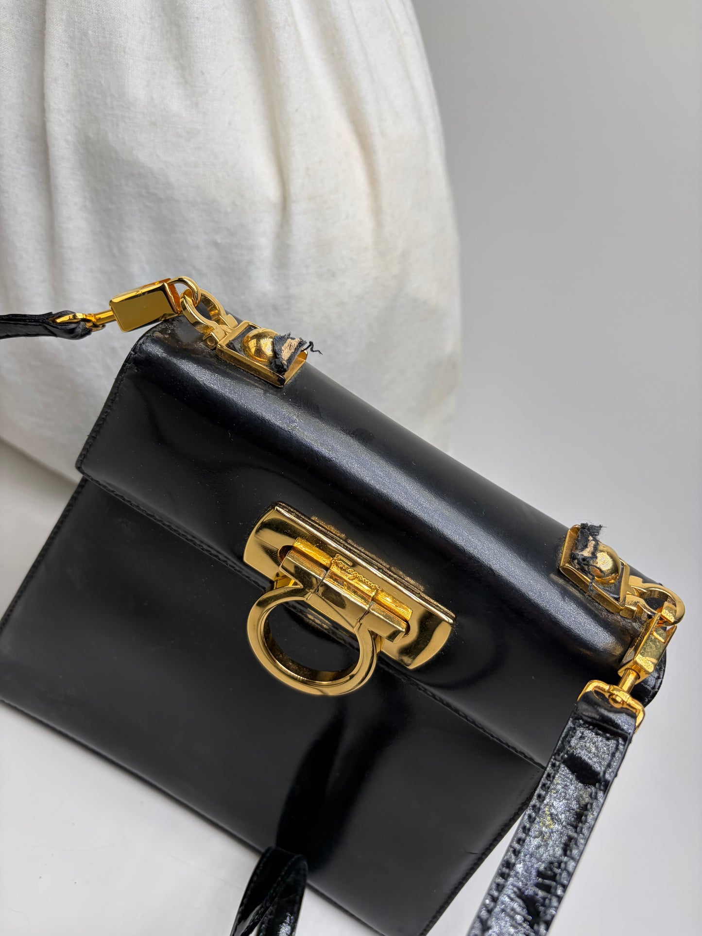 Vintage Ferragamo Patent Leather Flap Crossbody Bag Black Gold
