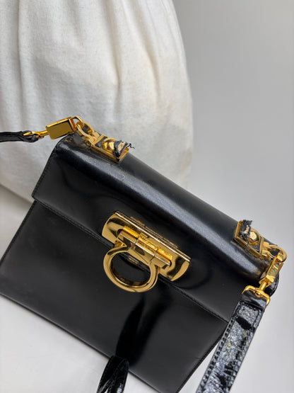 Vintage Ferragamo Patent Leather Flap Crossbody Bag Black Gold